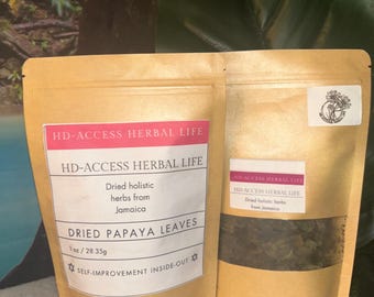 May include: Two brown paper pouches of dried papaya leaves. The larger pouch has a label that reads "HD-ACCESS HERBAL LIFE" and "DRIED PAPAYA LEAVES". The smaller pouch also has the "HD-ACCESS HERBAL LIFE" label. The text "SELF-IMPROVEMENT INSIDE-OUT" is also visible.