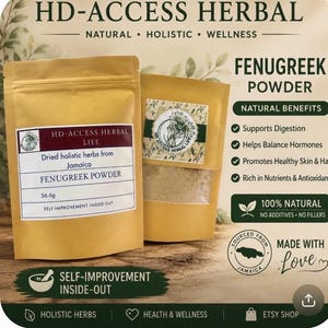May include: Two tan, resealable pouches of HD-ACCESS HERBAL Fenugreek Powder. The labels state 'Dried holistic herbs from Jamaica', '56.6g', and 'SELF-IMPROVEMENT INSIDE-OUT'. The packaging features text about natural benefits, digestion, and hormones.