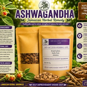 May include: Two tan pouches of Ashwagandha Jamaican herbal remedy with a clear window showing dried herbs. The label reads HD-ACCESS HERBAL LIFE, Dried holistic herbs from Jamaica, STRONG BACK/GANNY BACKBONE, and 2oz/56.7g, surrounded by botanical imagery.