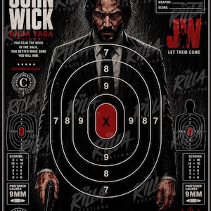 Könnte beinhalten: Ein John Wick Schießscheiben-Poster mit einer zentralen Figur im Anzug, einer großen ovalen Zielscheibe mit einem X in der Mitte und Text, darunter 'John Wick', 'Baba Yaga', 'You stab the devil in the back' und 'I've killed everyone'.