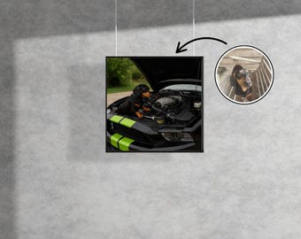 May include: A framed print featuring a black and green sports car with its hood open. A black and brown dachshund dog is lying on the car's engine. A smaller circular image of the dog is in the upper right corner.