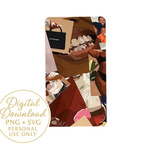 Può includere: Grafica per download digitale con un collage di immagini, tra cui una borsa tote nera, il volto di una persona e altre illustrazioni. Il testo "Digital Download PNG + SVG PERSONAL USE ONLY" è in un cerchio dorato.