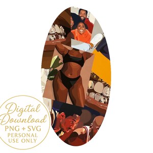 Może przedstawiać: Owalna grafika do pobrania cyfrowego z kolażem ilustracji. Kolaż zawiera obrazy ludzi, kobietę w czarnym bikini i tekst "Digital Download PNG + SVG PERSONAL USE ONLY."