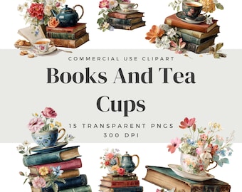 Books and Tea Cups Clipart, Digital Vintage Art, Watercolor Illustrations for Scrapbooking and Paper Crafts