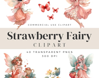 Strawberry Fairy Clipart, Charming Watercolor Fairies, Digital Download PNG for Kids' Birthday, Cottagecore Clipart Nursery