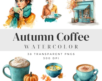 Clipart PNG di caffè autunnale, illustrazioni autunnali accoglienti, grafica di bevande calde, download digitale per arte autunnale