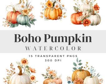 Imágenes prediseñadas de calabazas bohemias, decoración otoñal, gráficos de Acción de Gracias, arte floral otoñal, calabaza rústica PNG para manualidades