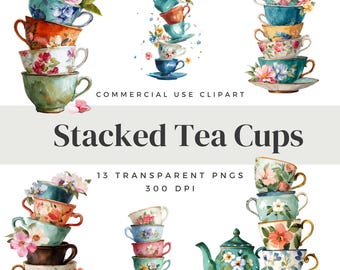 Stacked Tea Cups Clipart, Floral Watercolor PNG for Digital Download, Scrapbooking, Tea Party Art, Vintage Teacup Images