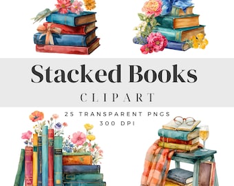 Stacked Books Clipart, Watercolor PNG for Digital Download, Crafting, Scrapbooking, Book Lover Illustrations