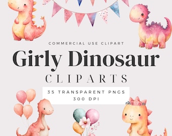 Puede incluir: Conjunto de imágenes prediseñadas de acuarela con adorables dinosaurios rosas y naranjas, globos y una pancarta. El texto dice "Girly Dinosaur Cliparts" con detalles sobre el número de PNG transparentes y DPI.