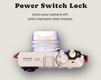 Clip de bloqueo del interruptor de encendido de la Fujifilm X100VI/X100V: evita el encendido accidental y ahorra batería.