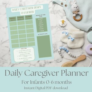 Afdrukbaar dagelijks babylogboek | Babytracker voor voeding, luiers, slaap en stemming | Dagopvang en verzorger: 0-6 maanden