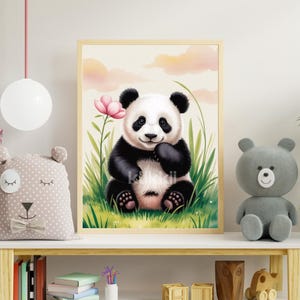 Cute Panda Watercolor Nursery Art – Digital Download | Baby Room Printable Wall Decor | Panda Sitting on Grass Illustration