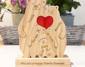 Rompecabezas de madera de familia de osos, regalo para niños, regalo para padres, regalo de boda, regalo de baby shower, regalo familiar personalizado, decoración del hogar, regalo de cumpleaños
