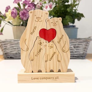 Träbjörnsfamiljepussel, födelsedagspresent, förlovnings- och bröllopspresent, babyshowerpresent, personlig familjepresent, heminredning, present till barn och föräldrar