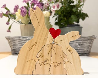 Regalos familiares personalizados, regalos de Pascua, rompecabezas familiar de madera con forma de conejo, regalo de inauguración de la casa, regalos de cumpleaños, regalos para padres de niños, baby shower