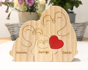 Rompecabezas de madera de familia de pingüinos, lindo rompecabezas de pingüino regordete, regalo de baby shower, regalo familiar personalizado, decoración del hogar, regalo de inauguración de la casa, regalo para niños