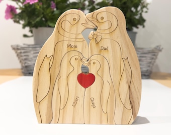 Rompecabezas de madera de familia de pingüinos, regalo para padres, regalo para baby shower, regalo familiar, decoración del hogar, regalos de bautismo, regalo de inauguración de la casa, regalo para niños