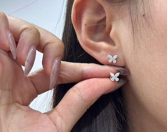 Dainty 14k Gold Lab Grown Diamond Butterfly Stud Earrings, Marquise and Pear Cut, Everyday Wear, Best Gift for Her