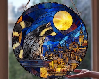 Raccoon At Night Stained Glass Window Suncatcher, Woodland Animal Decor, Moonlit Forest Art, Whimsical Animal Theme, Gift for Family