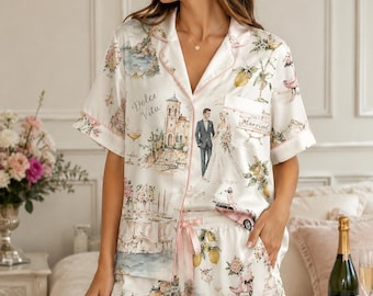 Pijama de casamento em aquarela, presente para festa de casamento Dolce Vita, pijama de cetim de verão encantador, roupa de dormir com estética desenhada à mão, conjunto de noiva de luxo