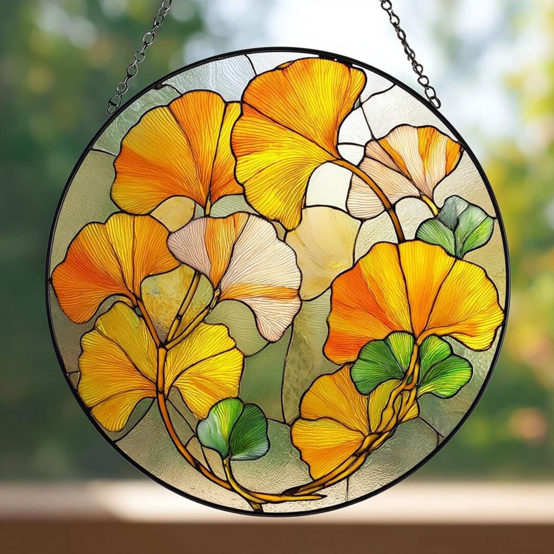 Gingko Window Ginkgo Leaf Stained Glass Suncatcher, Yellow Ginkgo Window Hanging Art ...