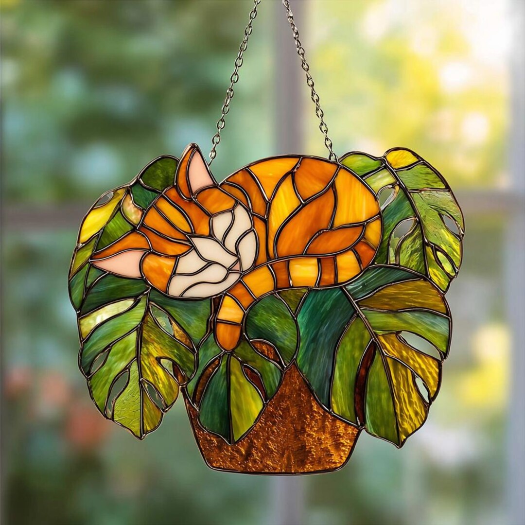 Orange Cat Monstera Acrylic Suncatcher, Fantasy Window Hanging Decor ...