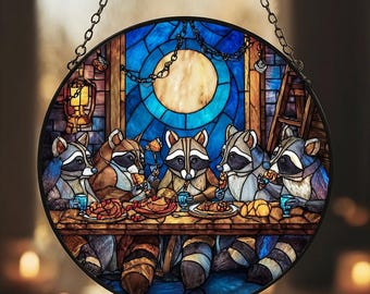 Raccoon Last Supper Stained Glass Suncatcher, Funny Window Decor, Whimsical Animal Theme, House Decoration House Decor Animal Lover Gift