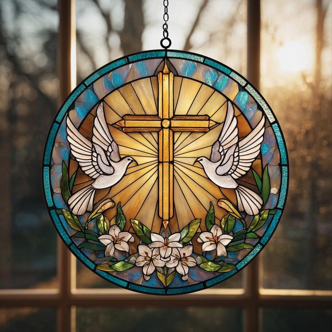 Christian Cross Dove Acrylic Suncatcher, Stained Glass Window Hanging ...