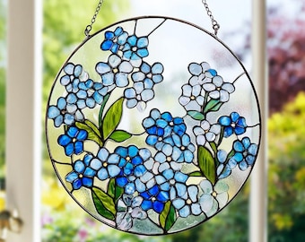 ワスレナグサの花のステンドグラス風サンキャッチャー｜繊細な花柄