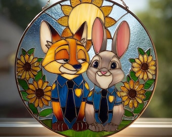 Zootopia Nick & Judy Couple Stained Glass Suncatcher, Personalized Disney Window Hanging Decor, Disney Fan Gift