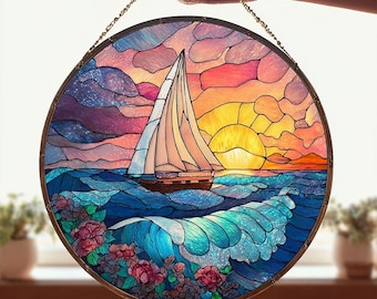 海景ステンドグラス、夕暮れの海の波、波間を航行する帆船 - Etsy 日本