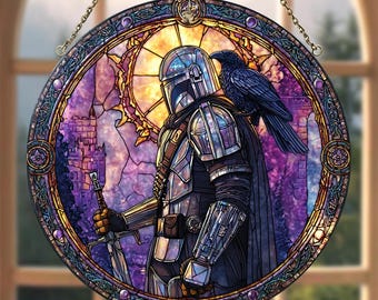 Mandalorian Knight Stained Glass Suncatcher, Fantasy Warrior Stained Glass, Gift For Gamer, Faux Stained Glass Window Hanging