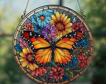Monarch Butterfly Stained Glass Suncatcher, Window Hangings For Garden, House Decoration, Butterfly Decor, Housewarming