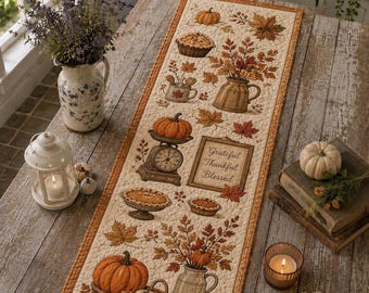 Pumpkin Quilted Table Runner, Autumn Fall Harvest Decor, Thanksgiving Tablecloth, Rustic Farmhouse Kitchen Dining Room Decor Gift