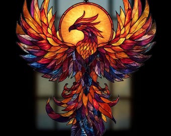 Phoenix Flame Faux Stained Glass Acrylic Suncatcher, Fiery Round Window Hanging, Mythical Art, Home Window Decoration