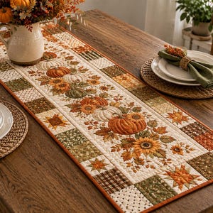 May include: A rectangular quilted table runner featuring a central panel with embroidered orange pumpkins, sunflowers, and autumn leaves, bordered by a patchwork of squares in shades of brown, green, and cream with star and floral patterns.