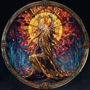 May include: A stained glass artwork featuring a skeletal figure kneeling with arms raised, holding a golden bow. The background is a vibrant mosaic of warm colors, with a golden frame. The artwork evokes a sense of fantasy and gothic themes.