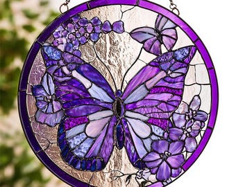 Purple Butterfly Stained Glass SunCatcher Ornament, Butterfly Light Catcher Window Hanging, Handmade Window Decor