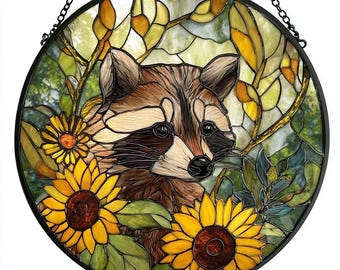 Raccoon Sunflower Stained Glass Suncatcher, Raccoon Suncatcher Garden, Raccoon Lover Window Hanging, Unique Nature Lover Gift