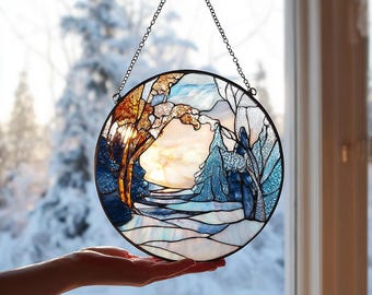 ステンドグラスの冬の風景サンキャッチャー：手作りの雪景色 - Etsy 日本