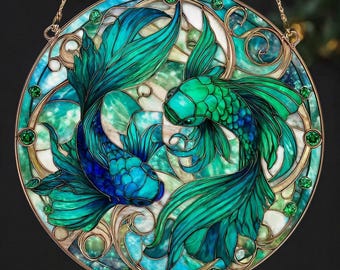 Pisces stained glass look acrylic ornament, Pisces Christmas Gift, Pisces Home Decor, Handmade Astrology Suncatcher, Window Hanging Decor