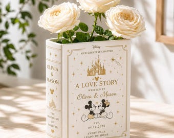 Vaso personalizado em formato de livro da Disney, presente de casamento personalizado para o casal, vaso em formato de livro com história de amor da Disney, presente de aniversário do Mickey e da Minnie