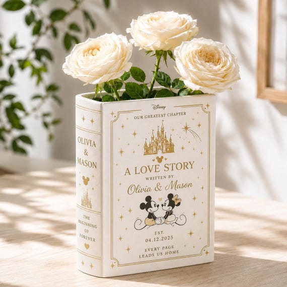 Personalized Disney Book Vase, Custom Wedding Gift for Couple, Disney Love Story Book Planter, Mickey and Minnie Anniversary Gift