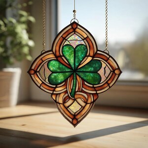 Puede incluir: Atrapasoles de trébol de vidriera con un diseño de trébol de cuatro hojas. El trébol es verde, rodeado por un marco marrón y ámbar. El atrapasoles cuelga de una cadena dorada, ideal para la decoración del Día de San Patricio.