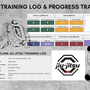 May include: A BJJ training log and progress tracking sheet with illustrations of Brazilian Jiu-Jitsu techniques. Includes sections for class log, goals, rolling summaries, technique index, and a jiu-jitsu logo.