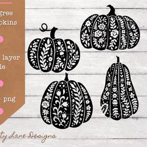 May include: Black and white filigree pumpkin designs. The image features four pumpkins with intricate floral and leaf patterns. Text on the left reads "Filigree Pumpkins", "single layer file", and "svg - png". The design is by Serenity Lane Designs.