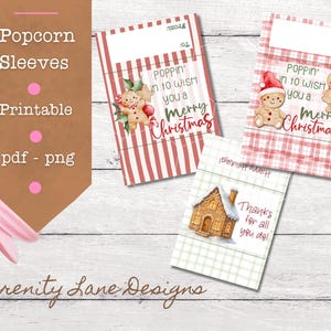 Może przedstawiać: Drukowane rękawy do popcornu z motywami świątecznymi. Rękawy przedstawiają piernikowych ludzików, świąteczne pozdrowienia i wzory. Obraz zawiera tekst "Poppin' in to wish you a Merry Christmas."