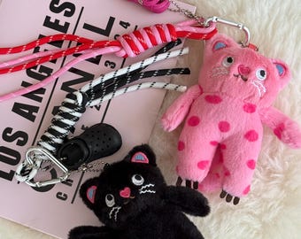 Plush Cat Bag Charm Keychain – Cute Black & Pink Kitty with Mini Shoe and Rope Accent, Kawaii Handmade Plush Accessory, Fun Gift for Girls