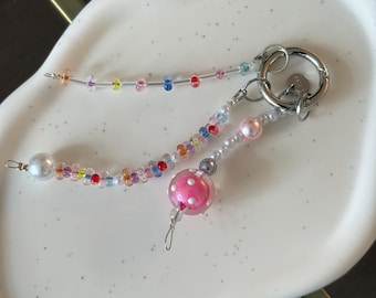Lucky Beaded Bag Charm Keychain – Handmade Colorful Bead Strand with Fortune Pearl & Pink Gem Ball, Purse Accessory for Good Luck